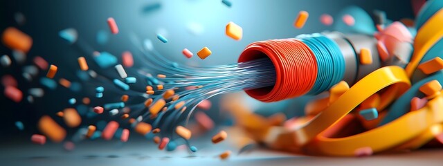 Poster - Vibrant light patterns emerging from an optical amplifier structure with intricate electronic components glowing fiber optic cables and shimmering metallic surfaces