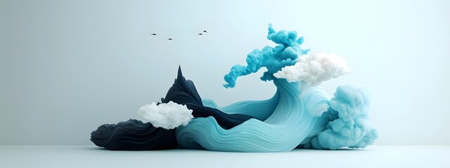 Poster - Visually striking digital artwork depicting flowing azure tides pulsing through a minimalist black and white landscape visualizing the transformative power of cutting edge innovations