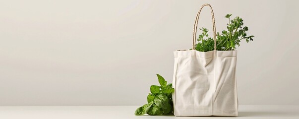 Aufkleber - Reusable cotton bag full of fresh organic herbs on white background with copy space