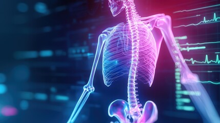 Poster - A digital representation of a human skeleton, showcasing anatomical features with vibrant colors against a tech background, symbolizing health and technology, health info records management.