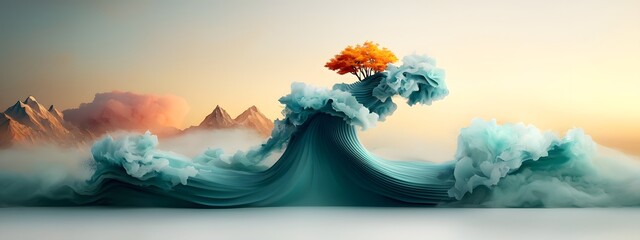 Poster - Aquamarine digital currents surging across a sleek monochrome plane symbolizing the interconnected and ever evolving nature of technology and progress in a digital painting