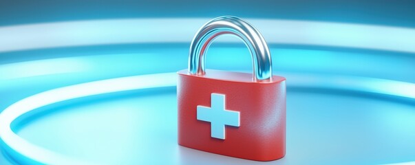 Poster - A red padlock with a silver shackle and a white cross symbol, set against a glowing blue background, representing security and safety in a digital context, health info records management.