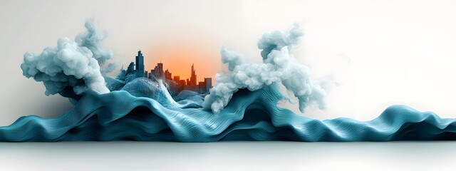Poster - Captivating electric blue digital waves undulating in a rhythmic flow across a stark monochrome backdrop emblematic of technological evolution and the digital revolution