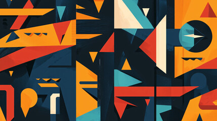 Poster - An energetic and colorful pattern featuring a series of fragmented geometric shapes layered together in a dynamic arrangement.