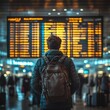 © REN - Man standing at airport terminal, gazing at large digital screen showing immigration policies, amidst bustling crowd and luggage, highlighting importance of travel regulations and border control infor