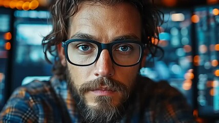 Focused individual in glasses analyzing data on multiple screens in a modern workspace