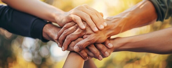 Poster - Image of a diverse group of people coming together, joining hands in a symbol of unity and teamwork