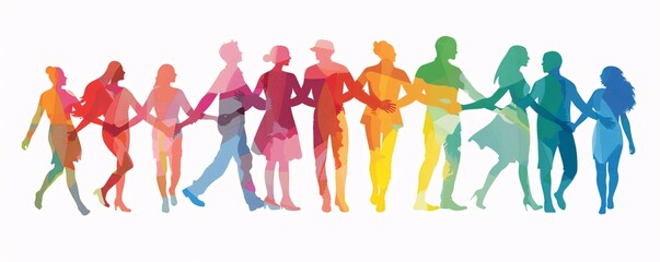 Poster - Diverse group of people are holding hands and walking together in a show of unity and teamwork