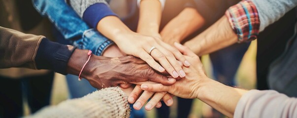 Poster - Diverse group of people are joining hands together outdoors, symbolizing teamwork and collaboration