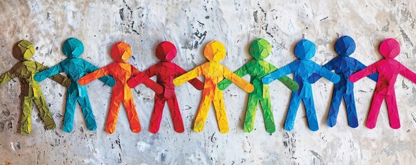 Poster - Colorful paper people cutouts are holding hands forming a human chain, symbolizing unity and diversity