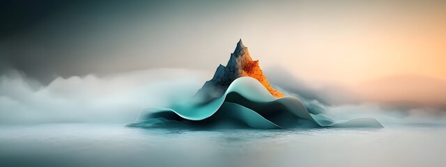 Poster - Ethereal pulsing bioluminescent digital waves surging across a minimalist low poly landscape in shades of black white and cool blue tones
