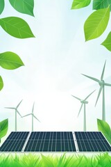 Wall Mural - a serene and peaceful scene featuring a solar panel and three wind turbines