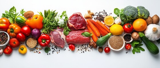  Colorful array of fresh foods: vegetables, fruits, meats, and grains on white background