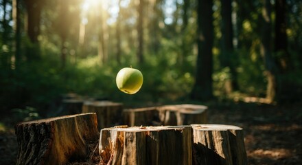Wall Mural - floating green apple in forest with sun rays