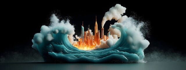 Poster - mesmerizing cobalt digital waves undulating and crashing against a contrasting monochrome cityscape 