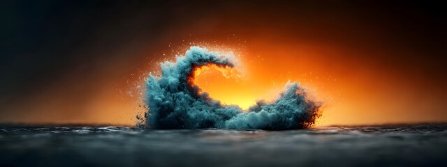 Poster - Pulsing azure digital waves crashing against a stark monochrome horizon conveying the relentless dynamism of modern technology and information in a Runner inspired atmosphere