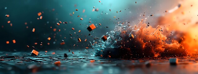 Poster - Radiant azure digital breakers iridescent waves of electric currents and circuitry crashing over a dark and light toned mosaic backdrop