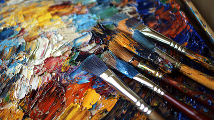 Poster - Artistic palette surrounded by paint brushes ready for creative expression in a studio setting evoking the joy of art and the creation process.