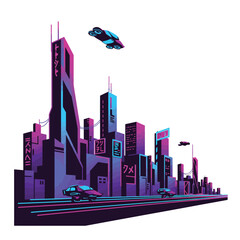 Poster - Futuristic cityscape with flying cars in bold colors and flat design vector art