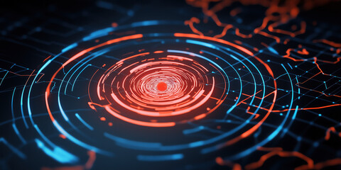 Poster - glowing red sphere at center of futuristic isometric map with blue and red grid lines