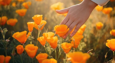 Wall Mural - hand touching vibrant yellow-orange poppies in sunny field