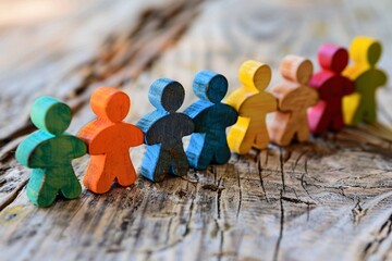 Poster - Colorful wooden figures lined up on a rustic surface, representing unity, diversity, and teamwork