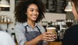 © sitifatimah - African American barista serving coffee in coffee shop. Warm lighting creates friendly atmosphere. Coffee culture.
