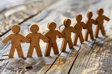 Poster - Wooden peg figurines standing on a weathered wooden surface, holding hands to symbolize teamwork, unity, and collaboration