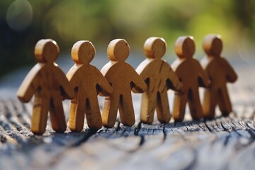 Poster - Wooden figures holding hands standing on a wood plank with a green blurry background