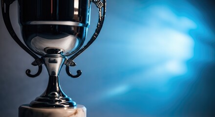 Wall Mural - Shiny trophy on marble base with glowing blue background