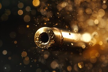 Poster - Golden gun barrel is shooting, surrounded by sparks and a golden bokeh