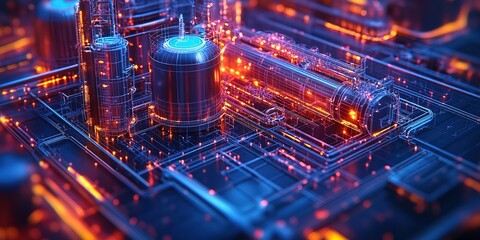 Poster - Futuristic blueprint of industrial technology featuring glowing orange wiring