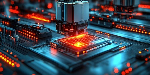 Poster - Semiconductor manufacturing process on a futuristic circuit board with advanced technology, highlighting precision and innovation