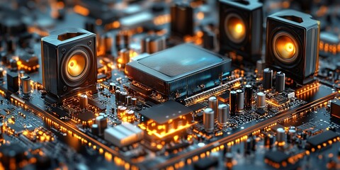 Poster - Futuristic computer motherboard with glowing components and advanced sound system
