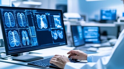 Poster - Medical professional analyzing lung scans on a computer in a modern healthcare facility