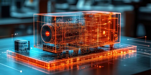 Poster - Exploring digital innovation transparently showcasing a 3d camera model with intricate orange circuitry