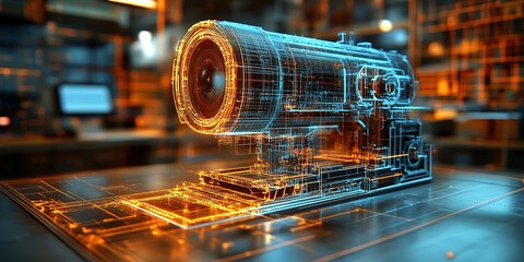 Poster - Futuristic engine design concept in digital rendering with wireframe structure and orange glowing lines on table