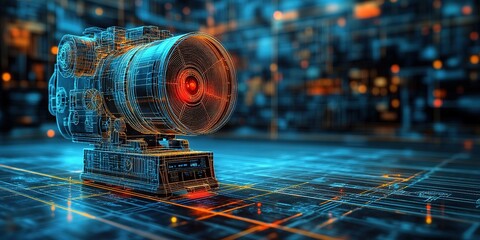 Poster - Blueprint style rendering of advanced camera technology on schematic digital surface