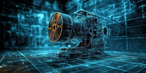 Poster - Blueprint of complex machinery is shown on a digital, illuminated grid