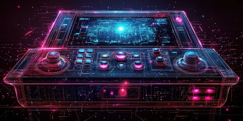 Poster - Futuristic arcade console with a digital interface glowing against a dark background