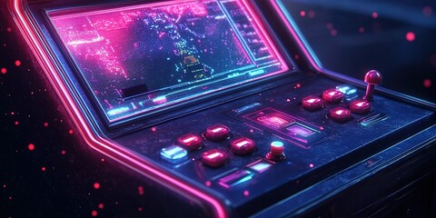 Poster - Classic video game cabinet glows with pink and blue neon, showing a map on the screen