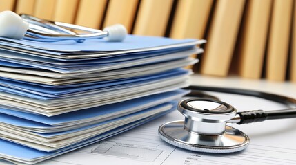 Poster - A close-up of a stethoscope resting beside a stack of medical files, emphasizing the connection between healthcare and documentation, health info records management.