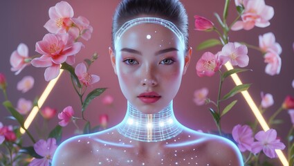 Poster - Portrait of a futuristic woman surrounded by glowing flowers in a vibrant, technologically advanced setting