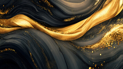 Poster - striking black and gold abstract background featuring fluid art in shades of obsidian and molten gol