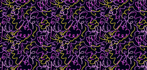 Poster - seamless pattern with doodle chalk lines. modern violet orange stroke squiggles drawn by wax pencil 