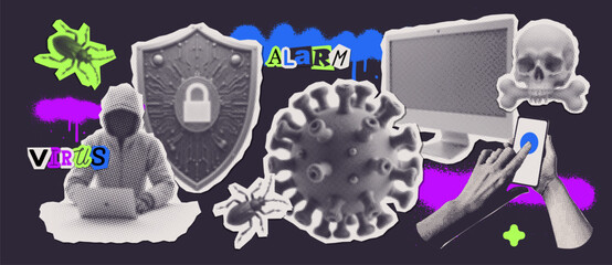 Halftone collage stickers set in theme of computer virus, cybersecurity and personal data protection. Shield with digital lock. Trendy pop art mixed media concept. Laptop computer and Halftone hands.