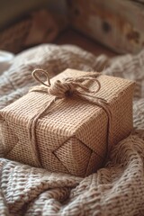 Poster - Beautifully wrapped gift with twine on a cozy knitted blanket evokes feelings of warmth and love