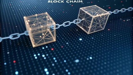 Poster - Two wireframe cubes connected by a chain on a digital background with block chain text above them