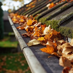 Poster - Autumn's Embrace: Golden Leaves and Mossy Roof Tiles in the Sunlight, A Reminder of Seasonal Change