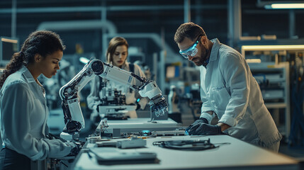 Poster - Scientists working with robotic arm in laboratory setting with advanced technology visible nearby